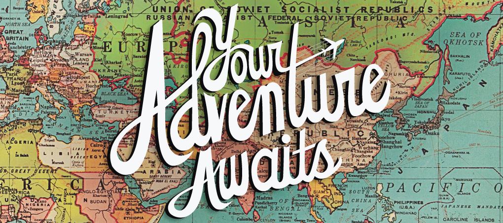 An old map with the words 'Your Adventure Awaits' printed on top of it