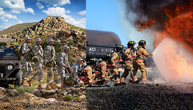 Transformation picture of Brandon Brown from army veteran to firefighter
