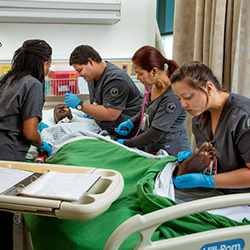 Students practicing techniques on a mannequin in a hospital bed