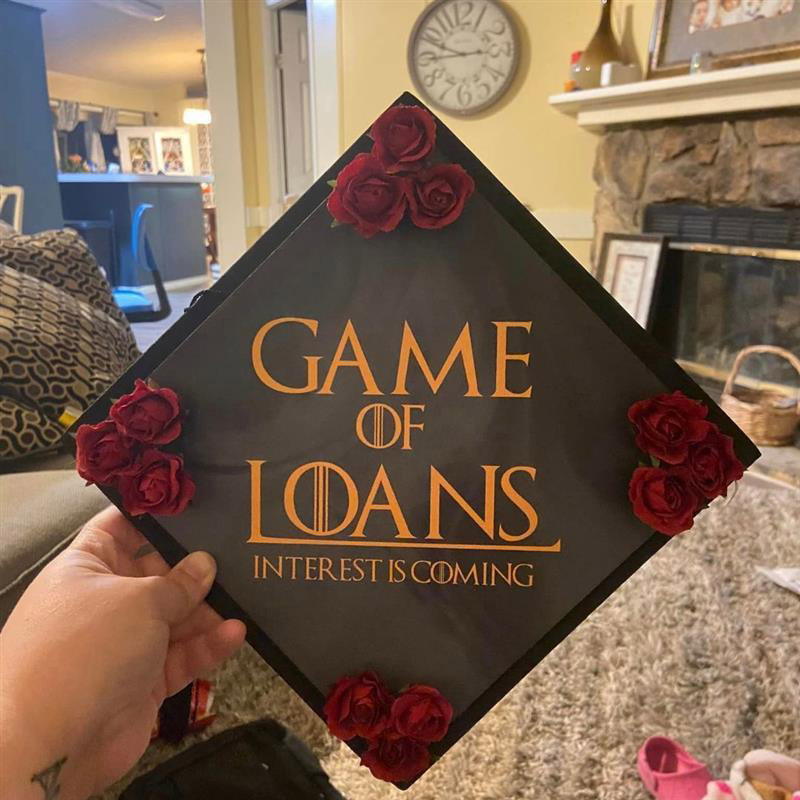 Graduation cap with roses in the corners and the words Game of Loans: Interest is Coming in the middle, using the Game of Thrones TV front.