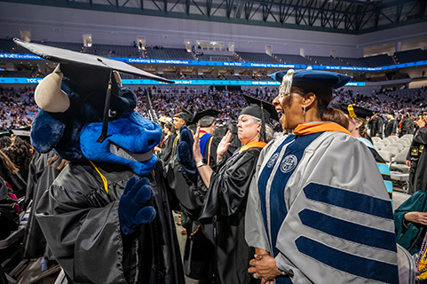 Toro giving high fives with Faculty and Staff at TCC Spring 2025 Commencement