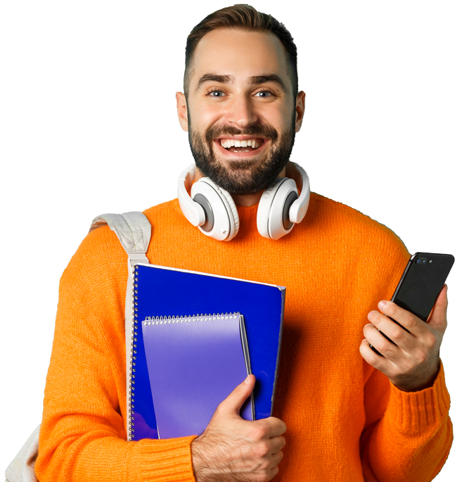 A man in his thirties in orange sweater holds spirals and his cellphone with a large smile, excited about applying to TCC.