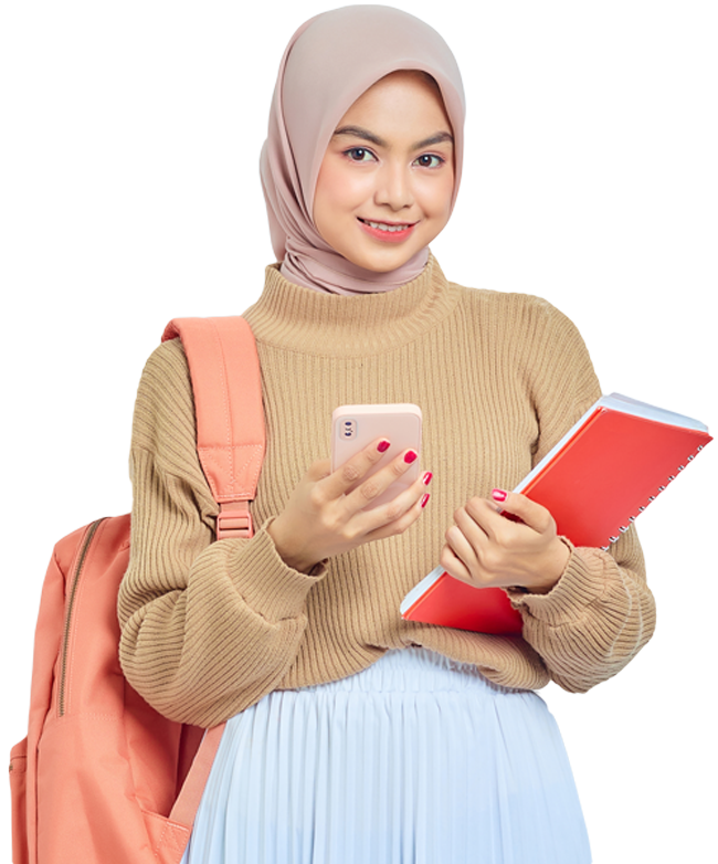 A young female student with wearing a hijab and holding a cellphone and notebook, excited about applying to TCC.