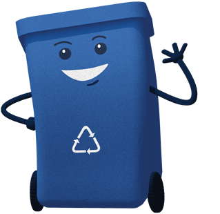 Blue recycling bin waving and raising his eyebrows