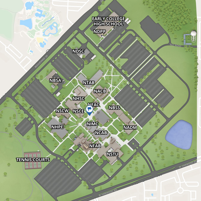 A map of Northeast Campus. Click to explore the complete map in a new window.