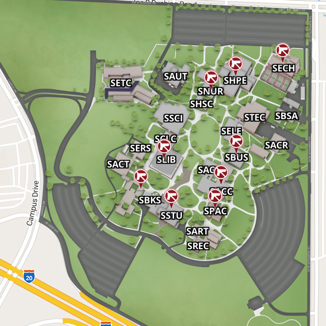 A map of South Campus. Click to explore the complete map in a new window.