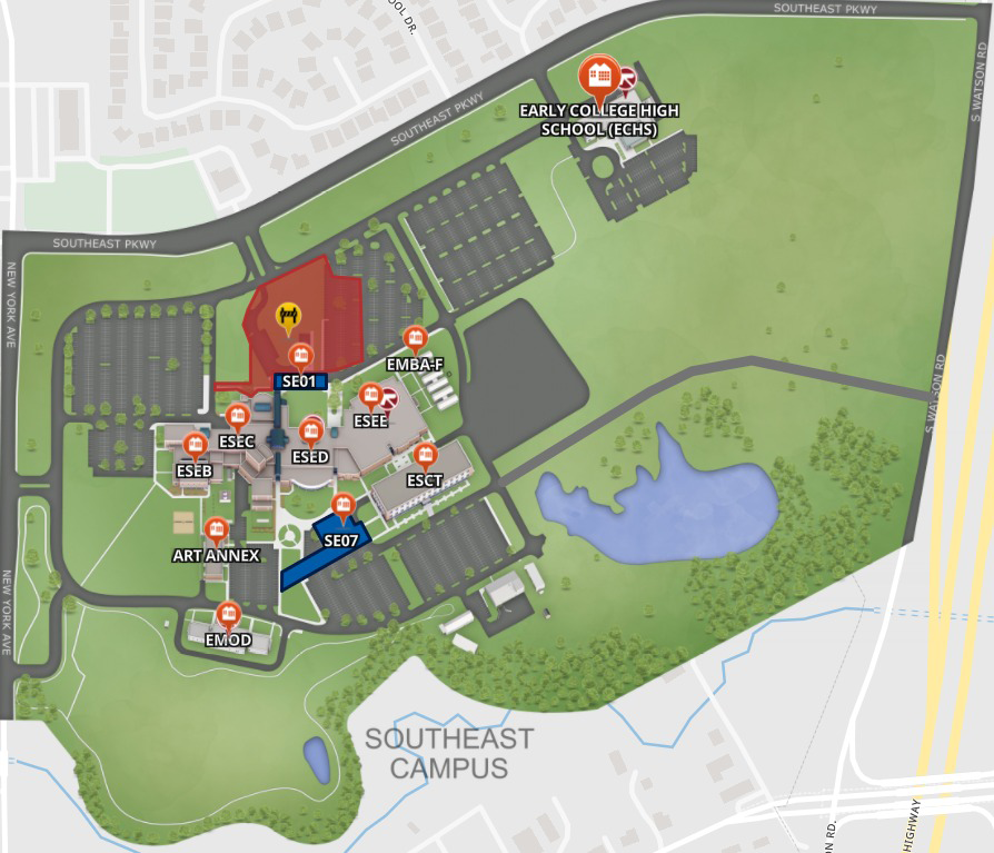 A map of Southeast Campus. Click to explore the complete map in a new window.