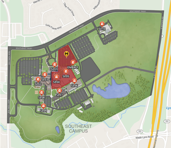 A map of Southeast Campus. Click to explore the complete map in a new window.