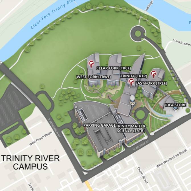 A map of Trinity River Campus. Click to explore the complete map in a new window.