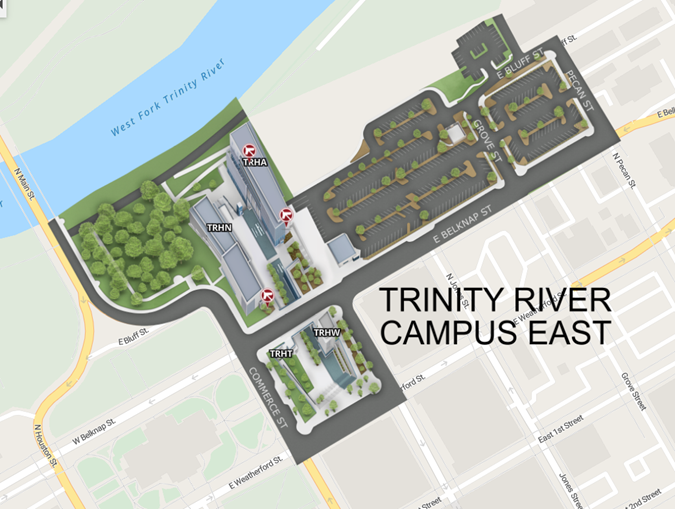 A map of Trinity River Campus East. Click to explore the complete map in a new window.