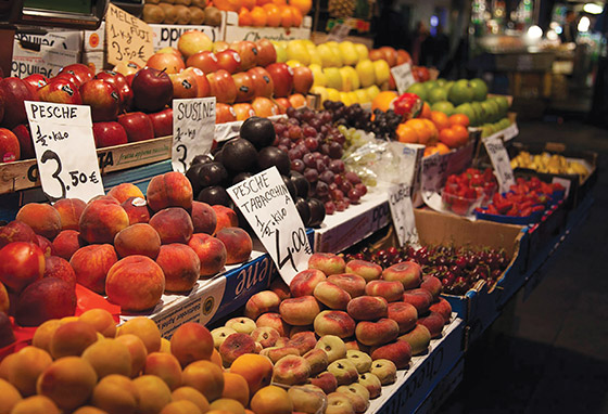 A rustic farmer's market with fresh fruits and vegetables