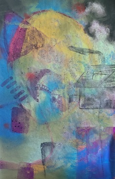 A painting of a house among many layers of color. Created with chalk pastel, acrylic gouache and ink on paper.