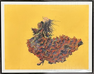 Artwork depicting a dancing woman in a flowing, colorful dress against a bright yellow background. Made with soft pastels as the medium.