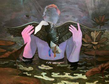 a painting showing a female figure with his lower half body immersed in the water. He is holding the wings of a chariot.
