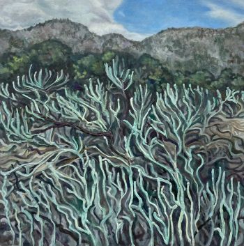 A painting of thick grass in the forefront and tree and mountain in the back