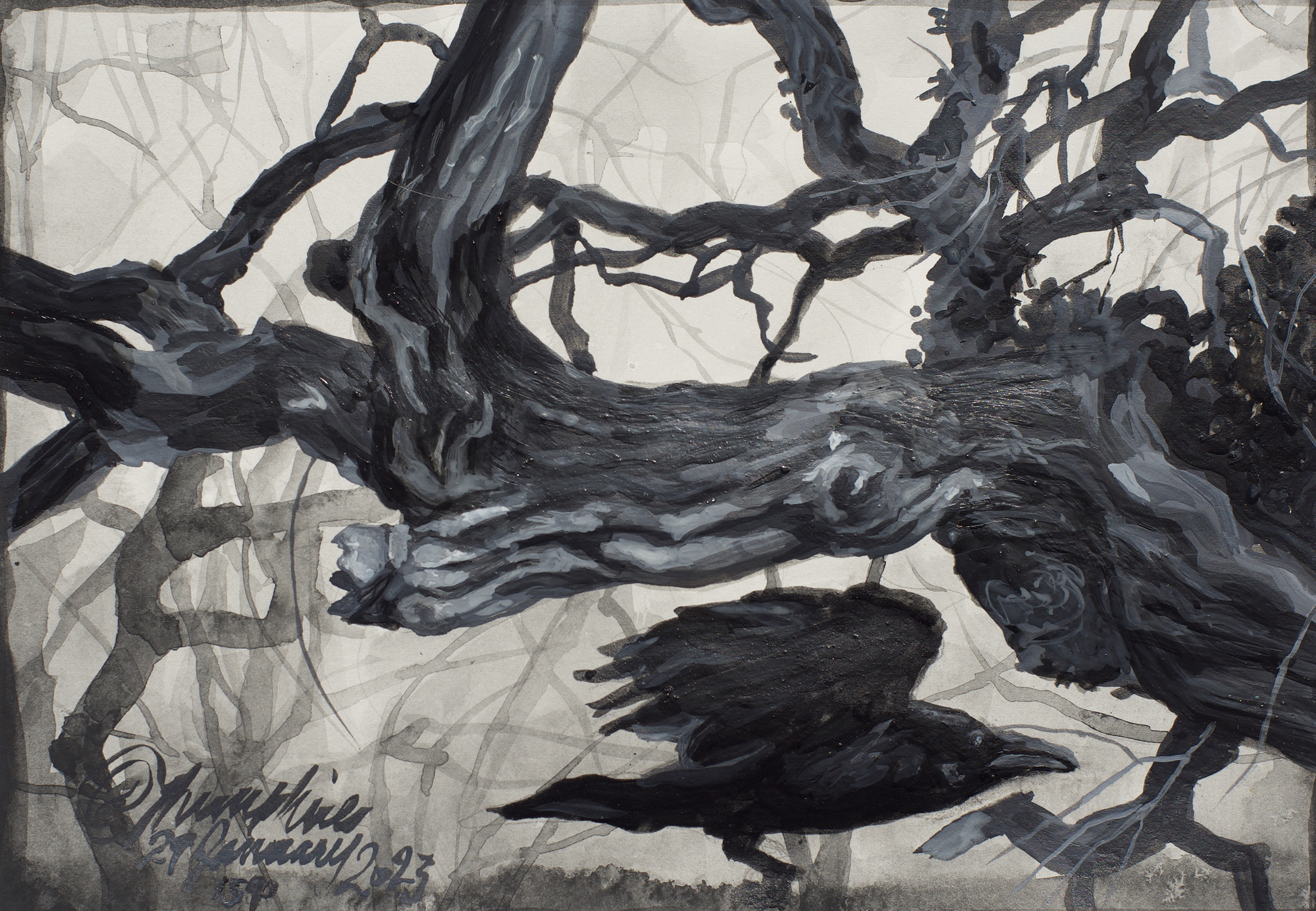 grayscale work on paper featuring a large black bird among a tangle of branches