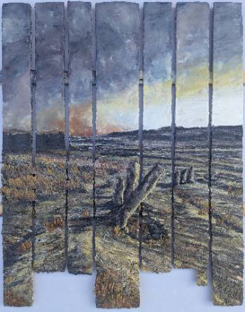 Artwork depicting a drying land with fire and smoke in the background. 