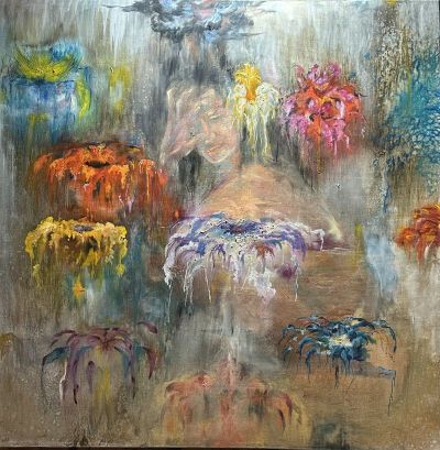 A painting of girl covering her face with one hand behind flowers in different colors.