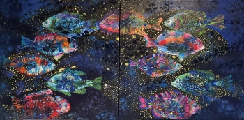 A painting of colorful fishes on a dark blue background