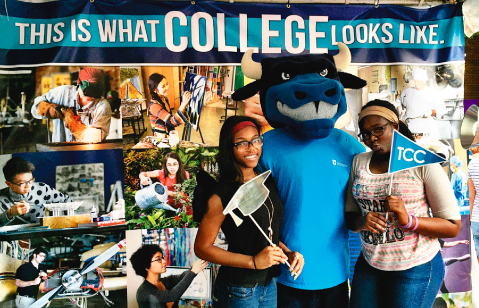 A photo collage of students posing in the TCC photo booth at the Main Street Arts Festival