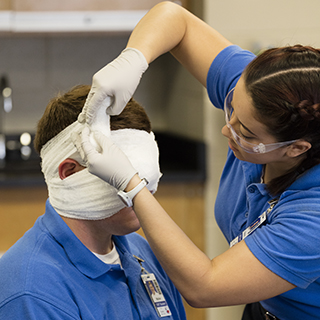 Female student looking in mouth of dummy