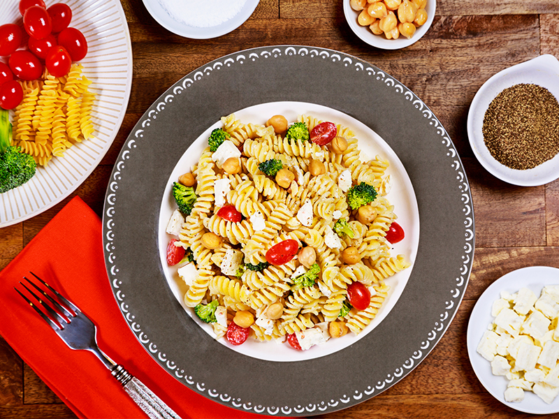 bowl of broccoli & feta pasta salad