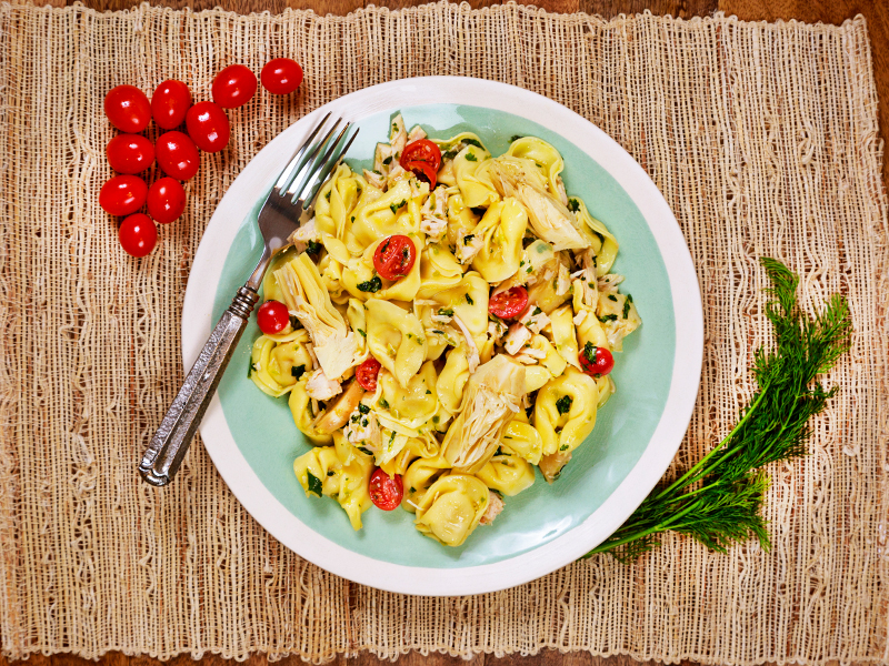 bowl of chicken tortellini salad