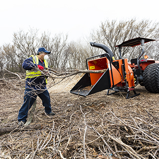 Man breaking down tree branches in a machine