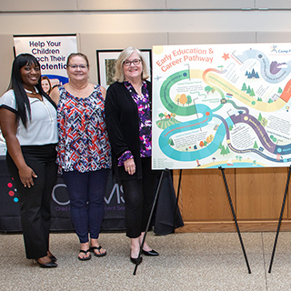 Early child care students posing with a childcare psoter