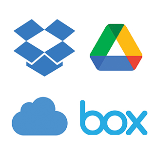Google drive, OneDrive, iCloud, Adobe, Box.com and Dropbox logos