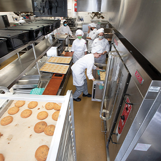 aerial view of chefs in a kitchen
