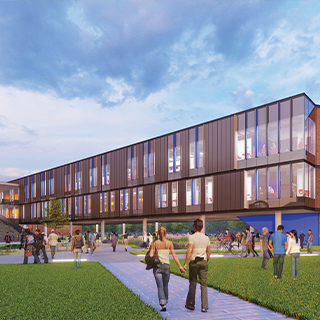 Artist rendering of the new Academic Builing with a courtyard and outdoor spaces.