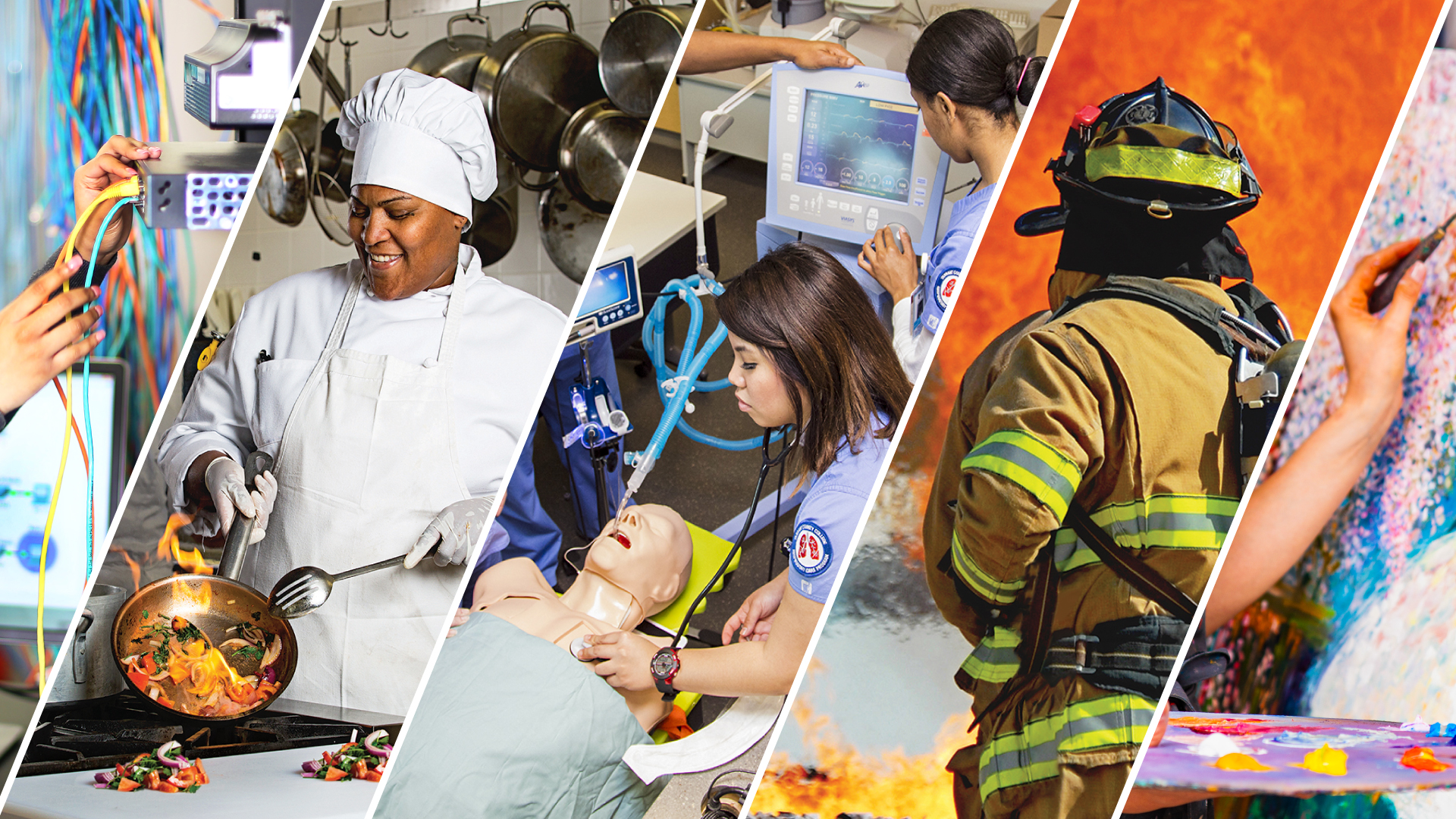 A collage banner showing various students working in a variety of jobs